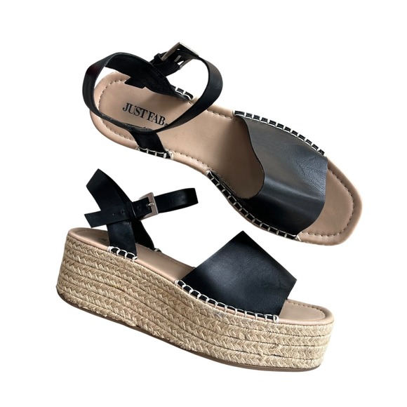 JustFab Shoes - JustFab Sz. 8.5 Hallie Espadrille Flatform Sandal Black Faux Leather Ankle Strap